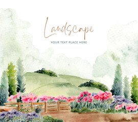 Sticker - hills and flower garden watercolor landscape