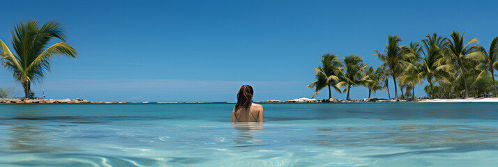 Wall Mural - Women on vacation on a tropical island - close-up - low angle shot - holiday - getaway - trip - travel - escape - ocean - beach - resort - swimming - rear view 