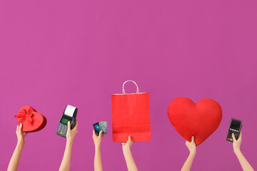 Sticker - Women with gift, payment terminals, credit cards and shopping bag on purple background. Valentine's Day celebration