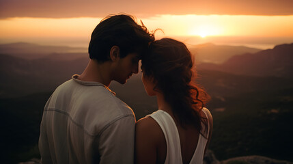 Wall Mural - couple of 2 young Latinos in love with a beautiful backlit sunset