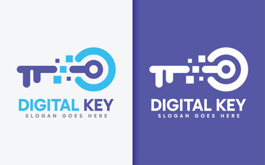 Poster - Abstract Minimalist Key Logo Design Combined with Digital Tech Element Concept. Vector Logo Illustration.