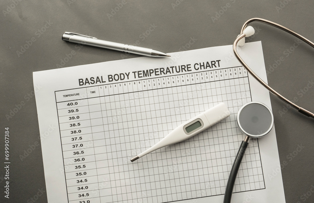 basal body temperature chart on the desk. thermometer, pen and ...