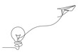 Light bulb wired paper plane one line drawing. Business creativity metaphor
