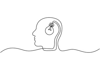 Wall Mural - One line drawing of head with light bulb. Creative thinking metaphor