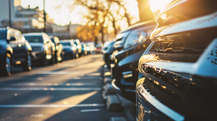 Sticker - Car parked at outdoor parking lot. Used car for sale and rental service. Car insurance background. Automobile parking area. Car dealership and dealer agent concept. Automotive industry.