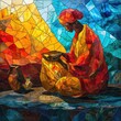 Stained glass image of a woman making tea