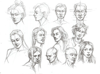 set of faces pencil drawing for card decoration illustration