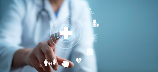 .A medical worker using virtual with health care icons, medical technology background, health insurance business.Health Insurance, telemedicine, virtual hospital, family medicine concept.