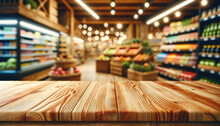 Empty Wooden Table With Beautiful Grocery Store Background