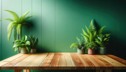 Empty wooden table surface with potted plants,green wall backgro