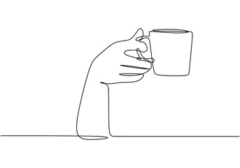 Wall Mural - Hand holding cup of coffee. Continuous one line drawing. Coffee time concept