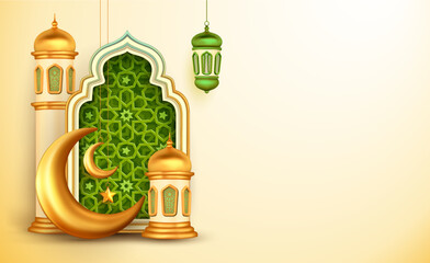 Wall Mural - 3d mosque dome and crescent with Arabic style carved window, Arabesque decorations banner with space for text