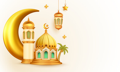 Wall Mural - 3d illustration Islamic background with mosque, crescent, moon star, lantern, date palm tree with copy space text area