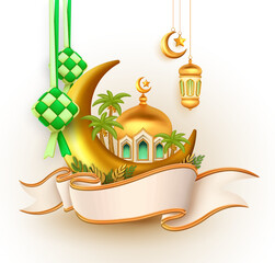 Wall Mural - 3d vector mosque, crescent moon, ketupat, lanterns and palm trees united by ribbon as beautiful decoration for ramadan mubarak and eid al fitr