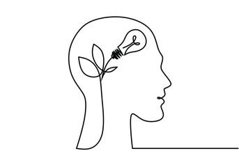 Wall Mural - one line art drawing. brain in head with light bulb and leaf plant