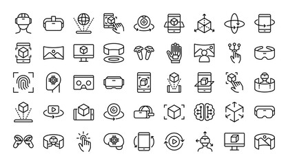 virtual reality and augmented reality line icons set. vector line icons.