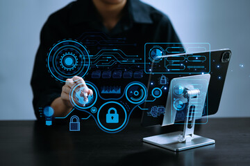Wall Mural - cyber security data protection business working on compute intelligenc digital tablet global network