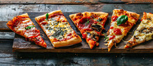Pieces Of Pizza Of Different Various Types On Old Retro Boards Banner Concept