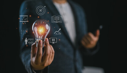 Aufkleber - Hand holding Light bulb, Global Internet connection. Business global internet connection application technology and digital marketing, Digital link tech, big data, Financial and banking.