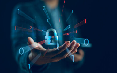 Fototapete - Cybersecurity concept, user privacy security and encryption, secure internet access Future technology and cybernetics, screen padlock. Internet network data protection, anti hacker, cybercrime