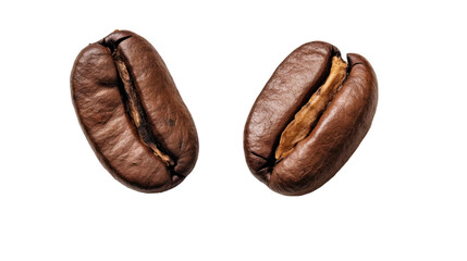 Wall Mural - Close-up Two roasted coffee beans isolated on transparent and white background.PNG image.