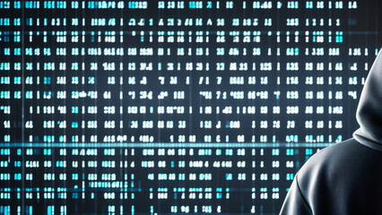 cyber hacker in dark hoodie with binary background