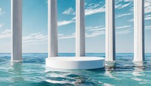 A Product Display Podium On The Sea With The White Column Pillars.