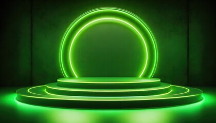 Wall Mural - A green color neon light of the podium at dark background for product display.