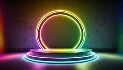 Wall Mural - A rainbow color neon light of the podium at dark background for product display.