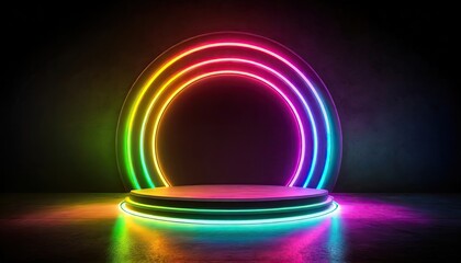 Wall Mural - A rainbow color neon light of the podium at dark background for product display.