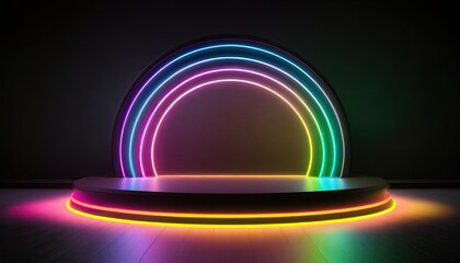 Wall Mural - A rainbow color neon light of the podium at dark background for product display.