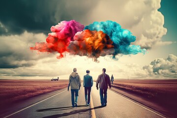  mind state thinking optimistic positive vision future above cloud creative colorful road walking People