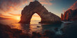 sunset over the sea,Nature's Ballet: Seagulls Soaring by the Distinctive Arch of Cabo
