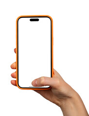 Poster - Mobile phone screen mockup in hand. Thumb on touchscreen, smartphone transparent png