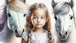 Mała dziewczynka z koniem, ilustracja, malowany obraz, dekoracja ścienna, generative ai