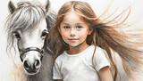 Mała dziewczynka z koniem, ilustracja, malowany obraz, dekoracja ścienna, generative ai