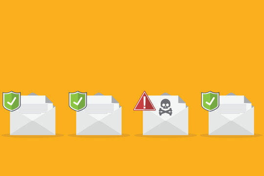 Email / envelope with black document and skull icon. Virus, malware, email fraud, e-mail spam, phishing scam, hacker attack concept. Vector illustration	