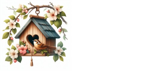 Poster - A birdhouse hangs on a flowering branch. A bird near a birdhouse.
