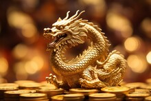 Golden Dragon Statue On A Gold Coin, New Year's Concept, Year Of The Dragon.