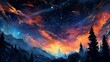 Painterly Mountain Forest Galaxy Sky Warm Winter Background