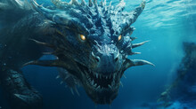Water Dragon. Sea Monster In Blue Water. Blue Fantasy Dragon In The Ocean. AI Generative