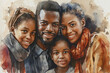 A watercolor portrait of a happy black family, embodying warmth and unity suitable for celebrating Black History Month.