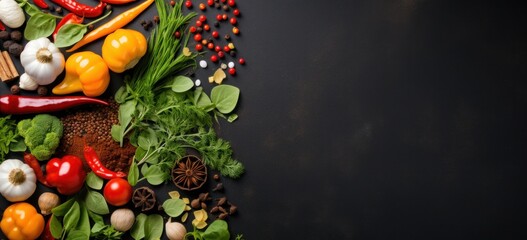 Wall Mural - Assorted fresh vegetables and spices on dark background for culinary cooking. Healthy food and lifestyle.