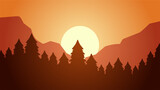 Fototapeta  - Pine forest landscape vector illustration. Silhouette of coniferous forest with sunset sky. Pine forest landscape for background, wallpaper or illustration