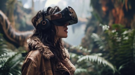 Canvas Print - Girl uses virtual reality headset in prehistoric world around dinosaurs