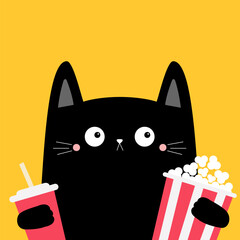 Wall Mural - Cat holding popcorn, soda glass. Cute cartoon kawaii funny character. Black kitty. Cinema theater. Film show. Kitten watching movie. Flat design. Yellow background. Isolated.