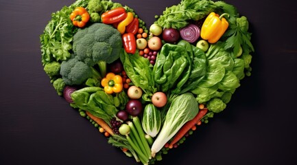 Sticker - Heart shaped vegetables on black background. Generative AI.