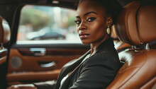 A successful black woman in a business suit exudes confidence and elegance in a luxurious car interior, illustrating wealth and professional achievement.