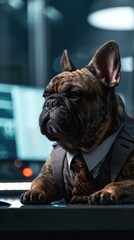 Poster - A bulldog dog wearing a suit and tie sitting at a desk. Generative AI.