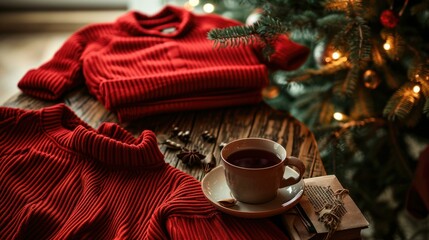 Poster - A red sweater and a cup of coffee are on a table near a christmas tree. Generative AI.